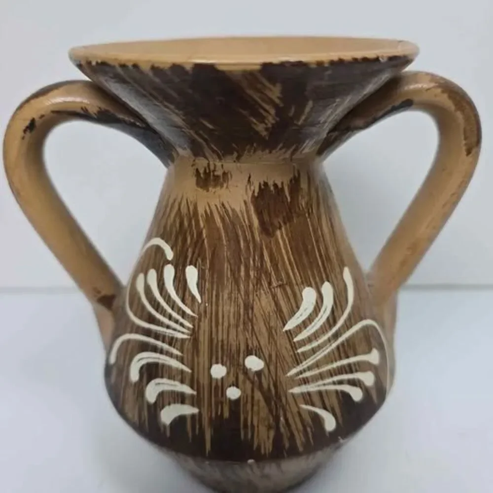 Vintage Hand-Painted Italian Pottery Double-Handled Vase Folk Art Pottery 5
